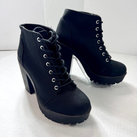 Canvas Chunky Platform Block Heel Combat Boots Divided 7 Grunge Indie Goth Bratz - Picture 3 of 8